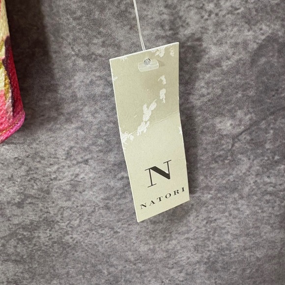 Natori Top Blouse Women's L Twist Neck Black Green Pink Floral Silky 3/4 Sleeve - Picture 4 of 13